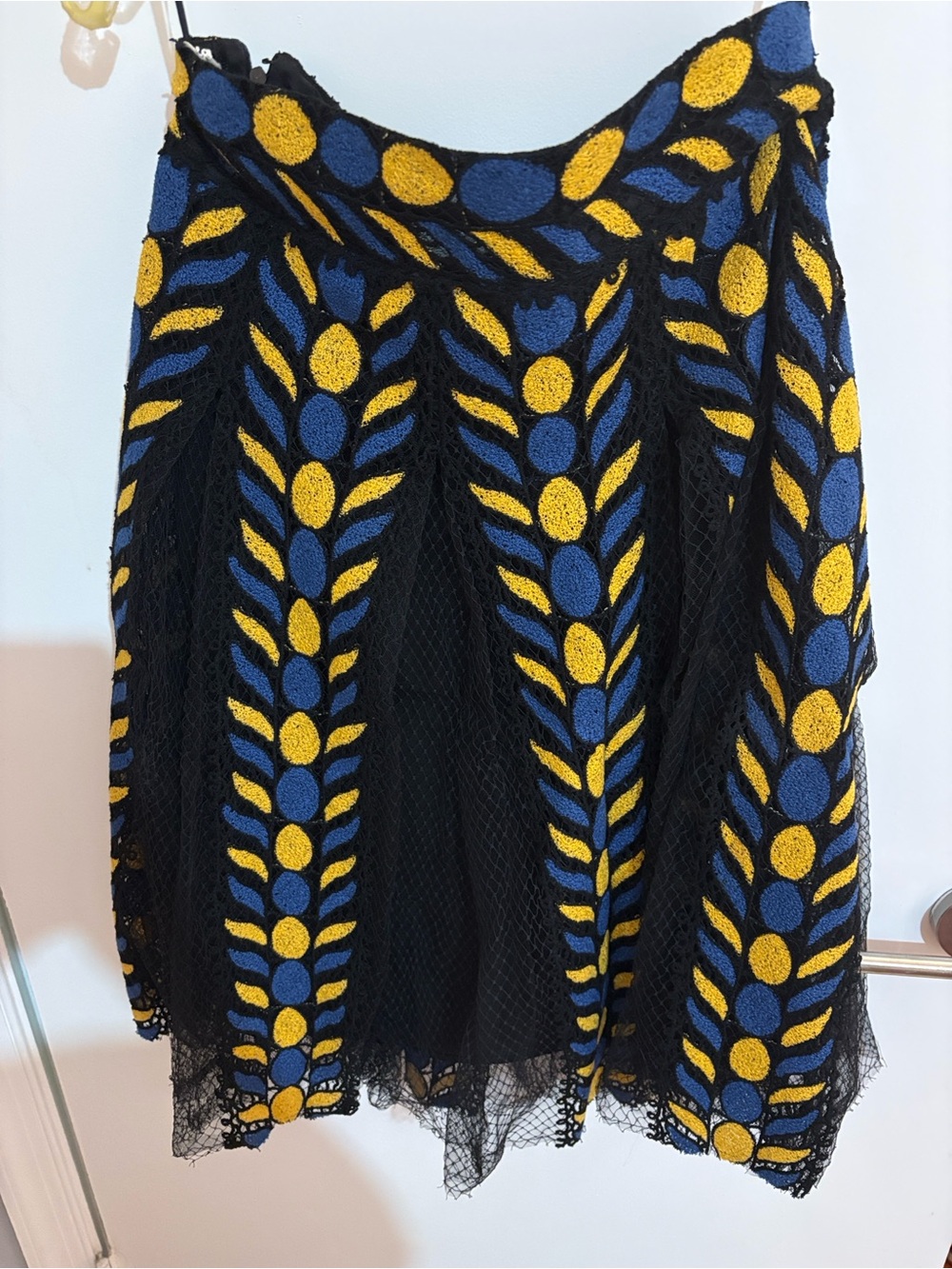 Valentino Black Blue Yellow Embroidered Lace A-Line Skirt Size 44
